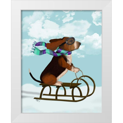 Basset Hound, Sledging White Modern Wood Framed Art Print by Fab Funky