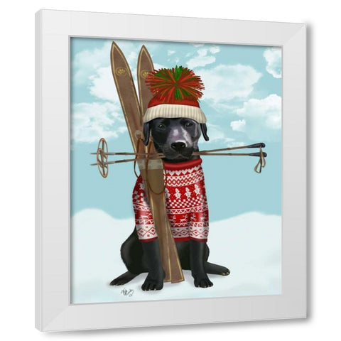 Black Labrador, Skiing White Modern Wood Framed Art Print by Fab Funky