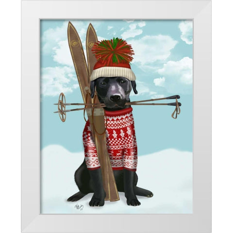 Black Labrador, Skiing White Modern Wood Framed Art Print by Fab Funky