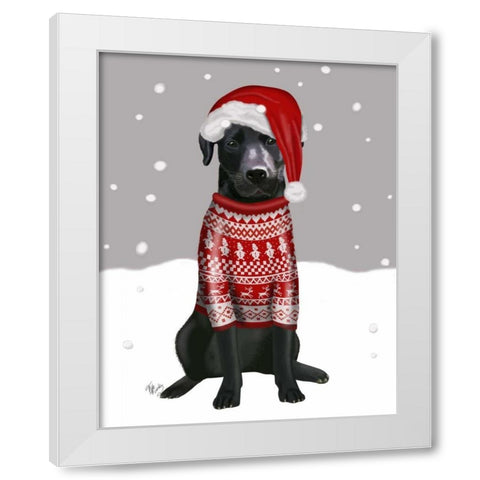 Black Labrador, Christmas Sweater 1 White Modern Wood Framed Art Print by Fab Funky