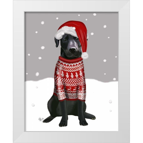 Black Labrador, Christmas Sweater 1 White Modern Wood Framed Art Print by Fab Funky