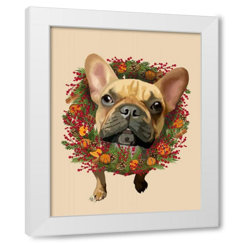 French Bulldog, Cranberry Wreath White Modern Wood Framed Art Print by Fab Funky