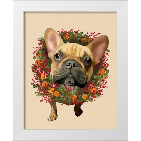 French Bulldog, Cranberry Wreath White Modern Wood Framed Art Print by Fab Funky