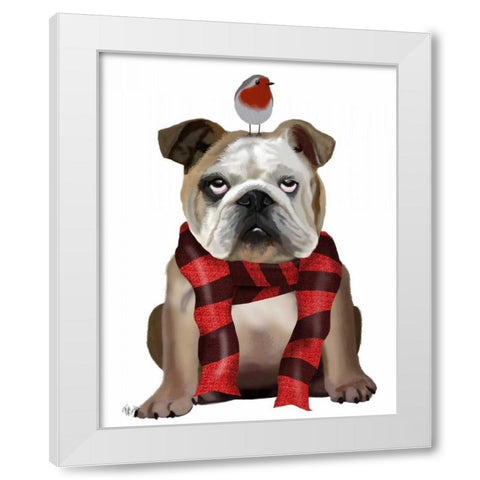 English Bulldog, Scarf and Robin White Modern Wood Framed Art Print by Fab Funky