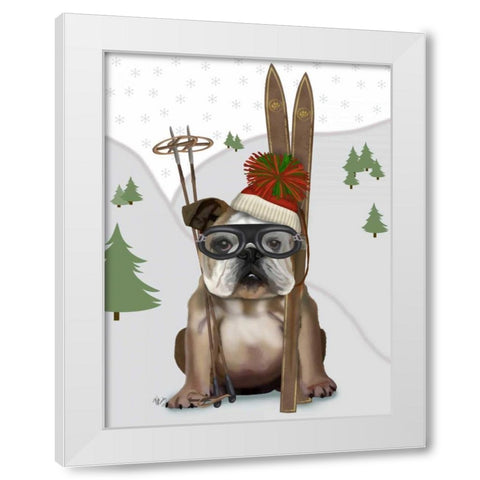 English Bulldog, Skiing White Modern Wood Framed Art Print by Fab Funky