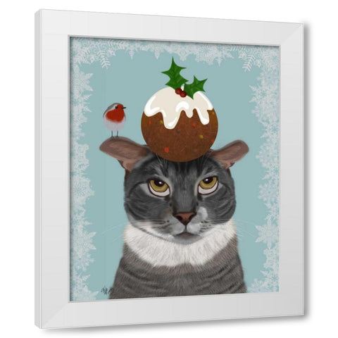 Grey Cat and Christmas Pudding White Modern Wood Framed Art Print by Fab Funky