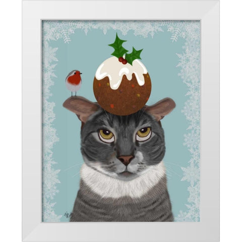 Grey Cat and Christmas Pudding White Modern Wood Framed Art Print by Fab Funky