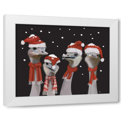 Ostrich, Christmas Gals White Modern Wood Framed Art Print by Fab Funky