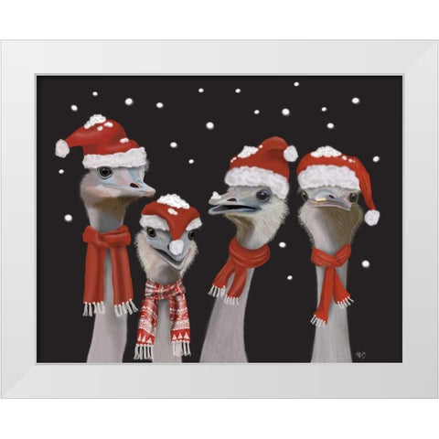 Ostrich, Christmas Gals White Modern Wood Framed Art Print by Fab Funky