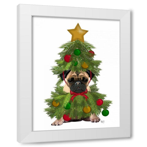 Pug, Christmas Tree Costume White Modern Wood Framed Art Print by Fab Funky