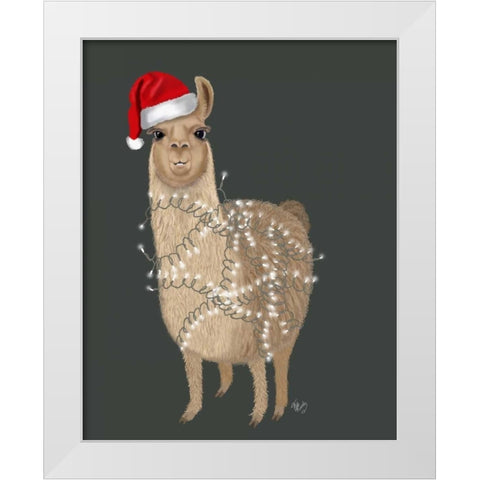 Llama, Christmas Lights 1 White Modern Wood Framed Art Print by Fab Funky