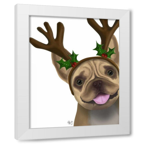 French Bulldog, Antlers 2 White Modern Wood Framed Art Print by Fab Funky