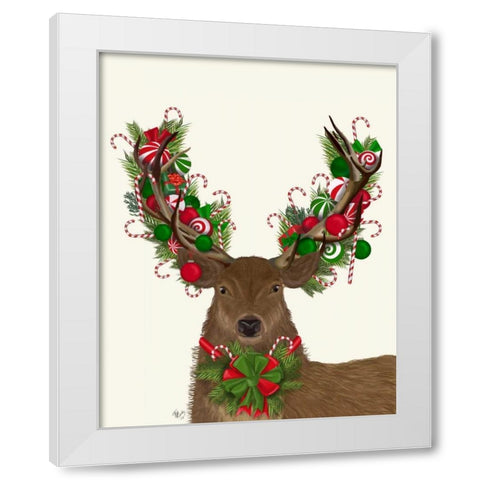 Deer, Candy Cane Wreath White Modern Wood Framed Art Print by Fab Funky