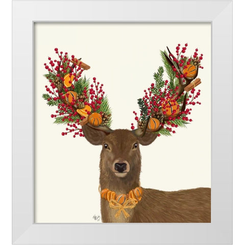 Deer, Cranberry and Orange Wreath White Modern Wood Framed Art Print by Fab Funky
