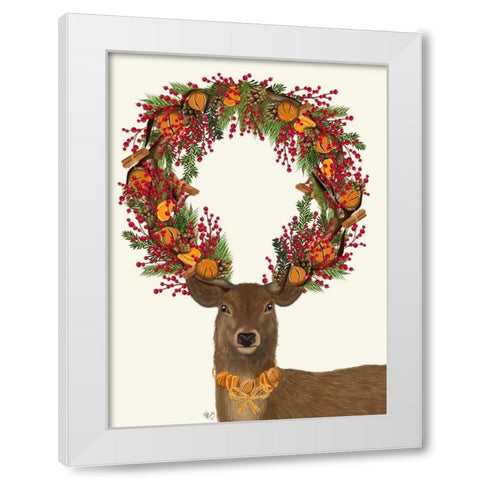 Deer, Cranberry and Orange Wreath, Full White Modern Wood Framed Art Print by Fab Funky