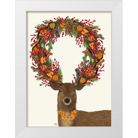 Deer, Cranberry and Orange Wreath, Full White Modern Wood Framed Art Print by Fab Funky