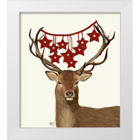 Deer, Star Decorations White Modern Wood Framed Art Print by Fab Funky