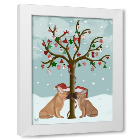 French Bulldogs and Christmas Tree White Modern Wood Framed Art Print by Fab Funky