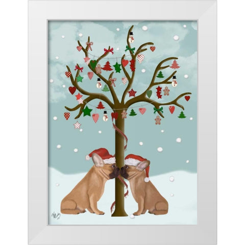 French Bulldogs and Christmas Tree White Modern Wood Framed Art Print by Fab Funky