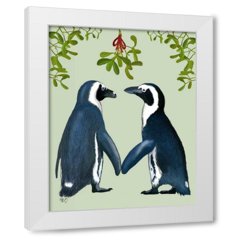 Penguins And Mistletoe White Modern Wood Framed Art Print by Fab Funky