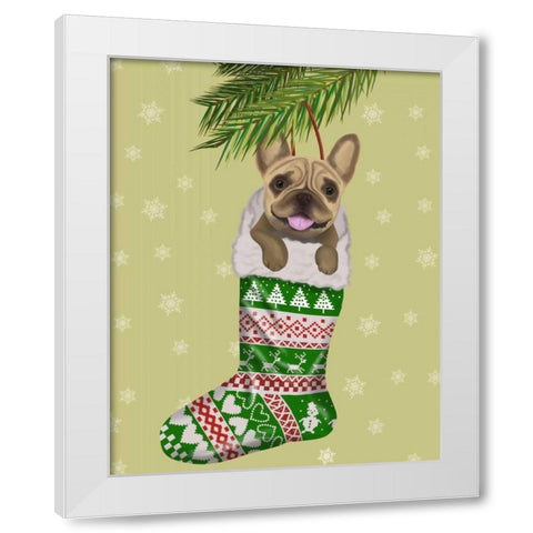 French Bulldog in Christmas Stocking White Modern Wood Framed Art Print by Fab Funky