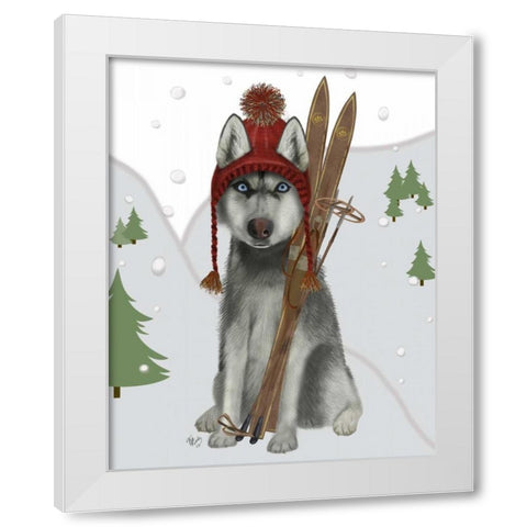 Husky Skiing White Modern Wood Framed Art Print by Fab Funky