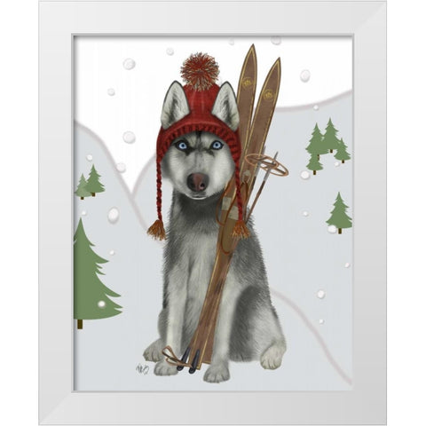 Husky Skiing White Modern Wood Framed Art Print by Fab Funky