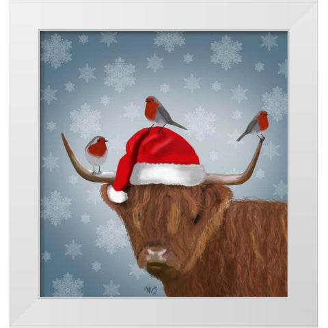 Highland Cow and Robins White Modern Wood Framed Art Print by Fab Funky