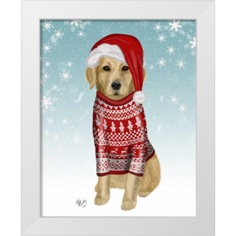 Golden Retriever in Christmas Sweater White Modern Wood Framed Art Print by Fab Funky