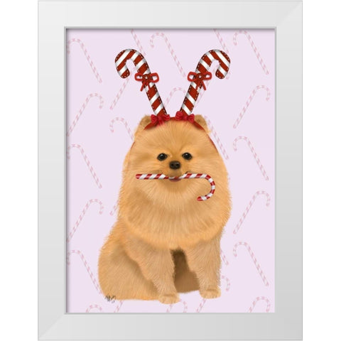Pomeranian and Candy Canes White Modern Wood Framed Art Print by Fab Funky