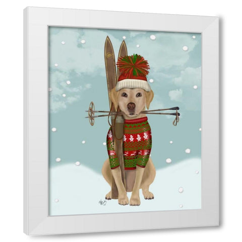 Yellow Labrador, Skiing White Modern Wood Framed Art Print by Fab Funky