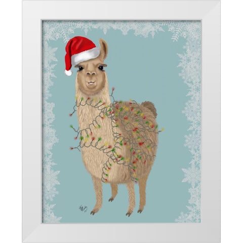 Llama, Christmas Lights 2 White Modern Wood Framed Art Print by Fab Funky