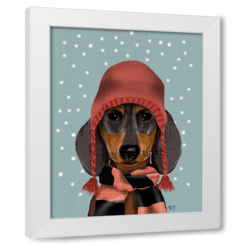 Dachshund With Woolly Hat and Scarf White Modern Wood Framed Art Print by Fab Funky