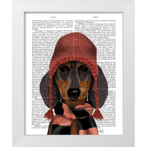Dachshund in Pink Hat and Scarf White Modern Wood Framed Art Print by Fab Funky