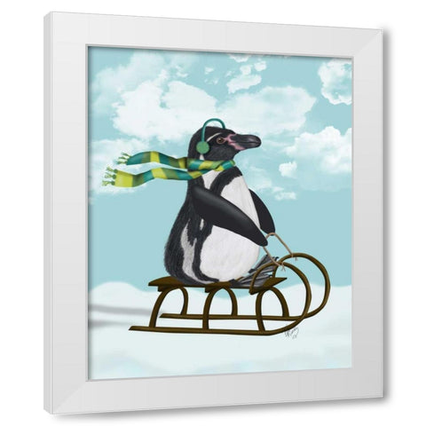 Penguin On Sled White Modern Wood Framed Art Print by Fab Funky