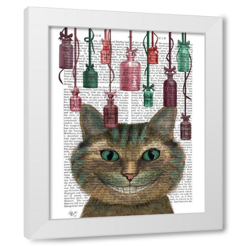 Cheshire Cat and Bottles White Modern Wood Framed Art Print by Fab Funky