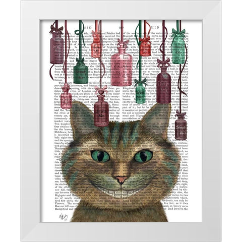 Cheshire Cat and Bottles White Modern Wood Framed Art Print by Fab Funky