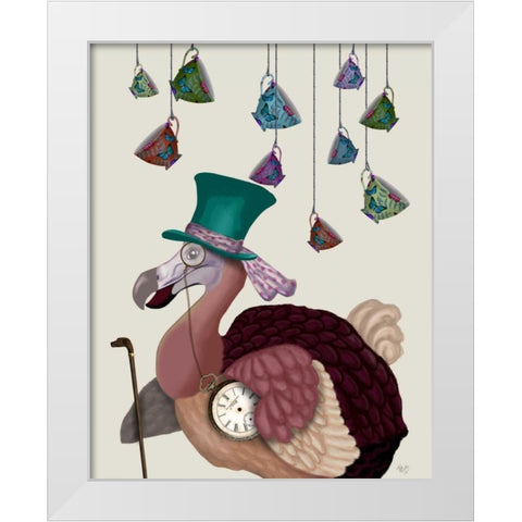 Dodo with Hanging Teacups White Modern Wood Framed Art Print by Fab Funky