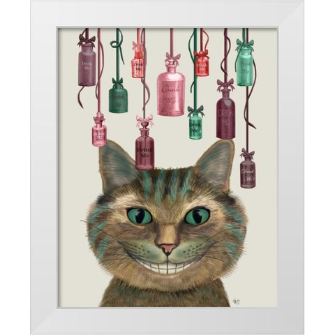 Cheshire Cat and Bottles White Modern Wood Framed Art Print by Fab Funky