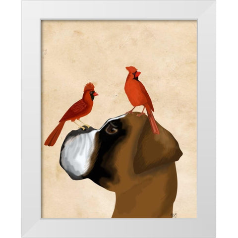 Boxer and Red Cardinals White Modern Wood Framed Art Print by Fab Funky