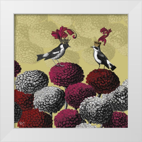 Blooming Birds, Chrysanthemum 2, Fine Art Print White Modern Wood Framed Art Print by Fab Funky