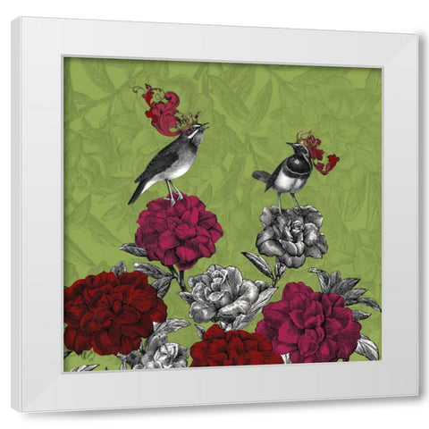 Blooming Birds, Rhododendron, Fine Art Print White Modern Wood Framed Art Print by Fab Funky