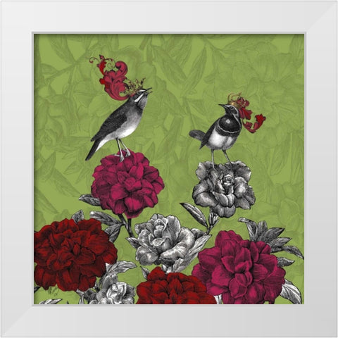 Blooming Birds, Rhododendron, Fine Art Print White Modern Wood Framed Art Print by Fab Funky