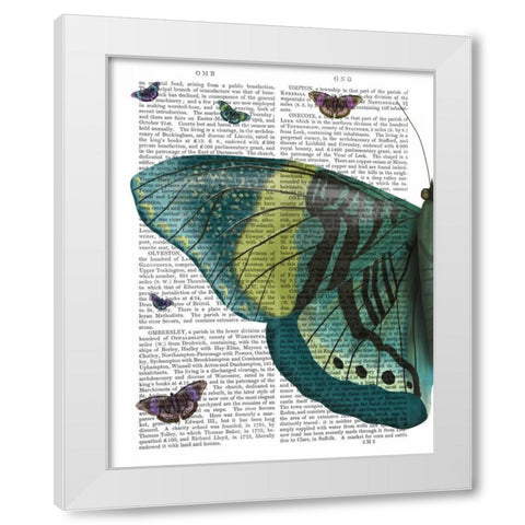 Butterfly in Turquoise and Yellow a White Modern Wood Framed Art Print by Fab Funky