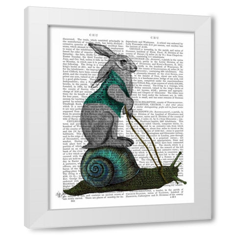 Hare and Snail White Modern Wood Framed Art Print by Fab Funky