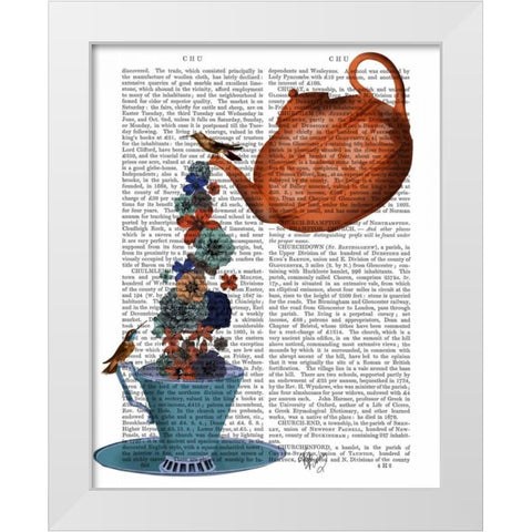 Teapot, Cup and Flowers, Orange and Blue White Modern Wood Framed Art Print by Fab Funky