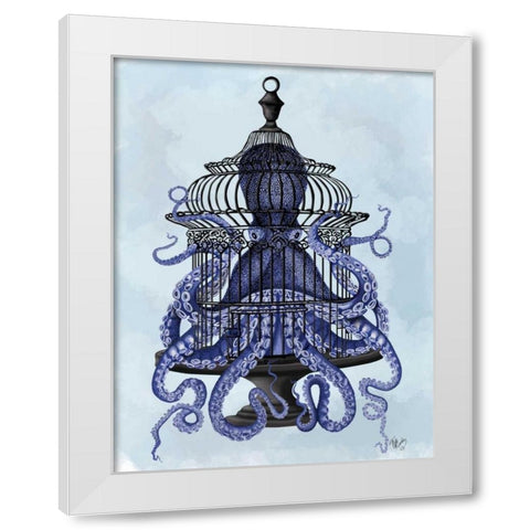 Blue Octopus in Cage White Modern Wood Framed Art Print by Fab Funky