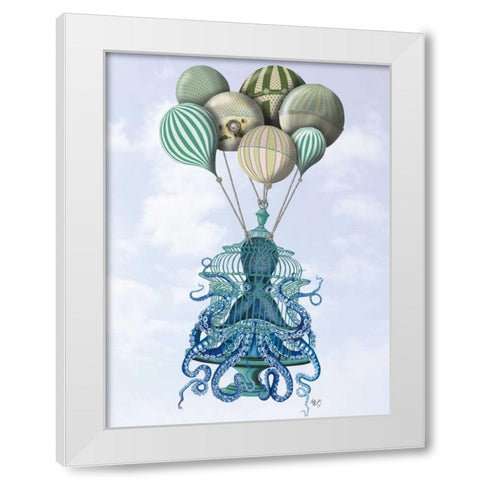 Octopus Cage and Balloons White Modern Wood Framed Art Print by Fab Funky