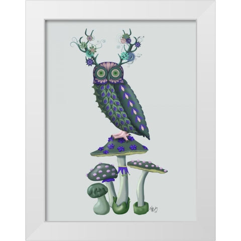 Owl on Mushrooms White Modern Wood Framed Art Print by Fab Funky