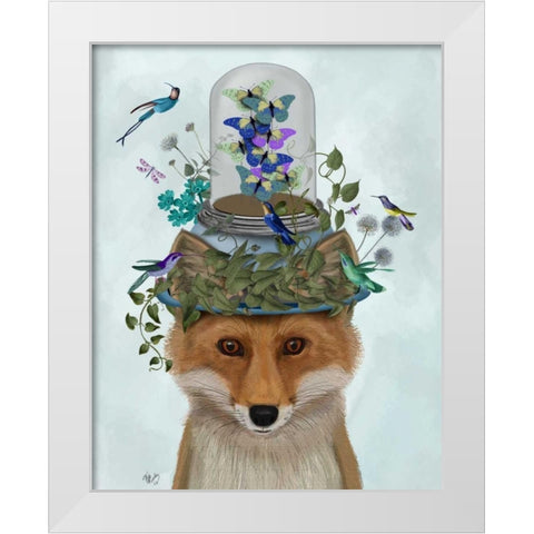 Fox with Butterfly Bell Jar White Modern Wood Framed Art Print by Fab Funky